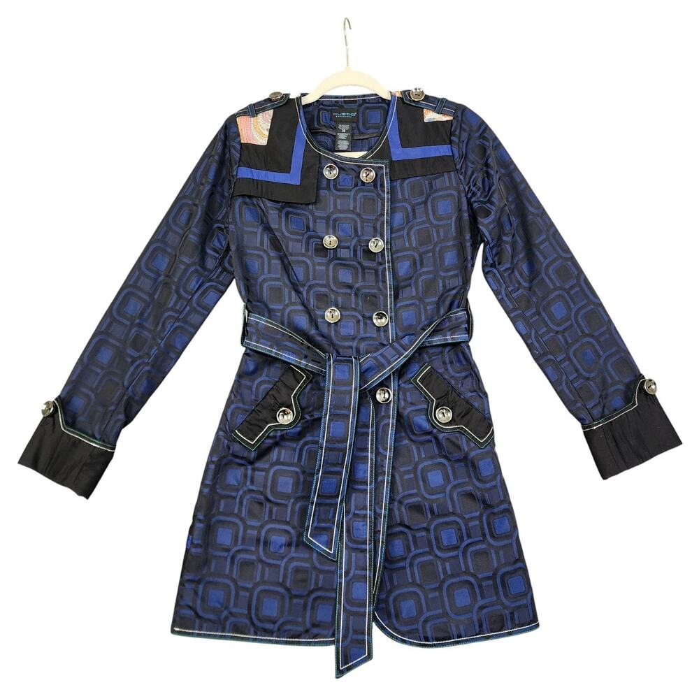 Custo Barcelona Womens Trench Coat‎ Size Small 38 Blue Abstract Art To Wear Silk